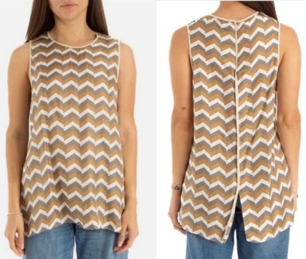 Rag & Bone Sz M 100% Silk Chevron Print Sleeveless Blouse Tan Minimalist